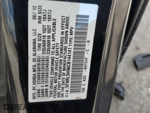 2012 Honda Odyssey Touring с VIN 5FNRL5H96CB144141, выставлен на аукционе Copart как лот 86476425 с пробегом 151 315 миль миль и Чистый • Clean title. История ставок и продаж доступна на DreamBid. Изображение 13.