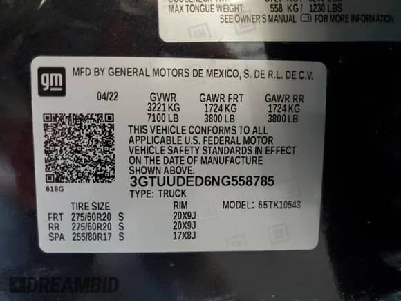 2022 GMC Sierra 1500 SLT with VIN 3GTUUDED6NG558785, listed as a Copart auction lot 70131925 with 57,441 mi miles and Salvage title. Bid and sale history available at DreamBid. Image 12.