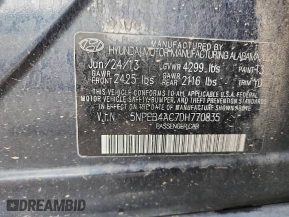 2013 Hyundai Sonata GLS с VIN 5NPEB4AC7DH770835, выставлен на аукционе Copart как лот 69966805 с пробегом 105 780 миль миль и Списание • Salvage title. История ставок и продаж доступна на DreamBid. Изображение 12.