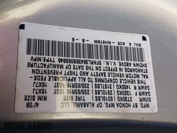 2008 Honda Odyssey EX z VIN 5FNRL38438B068846, wystawiony jako IAAI lot #43451580 z przebiegiem 185 466 mil mil oraz . Historia ofert i sprzedaży dostępna na DreamBid. Obrazek 9.