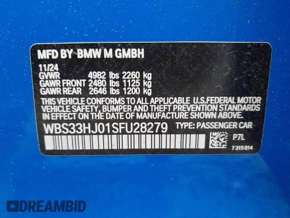 2025 BMW M3 Competition xDrive with VIN WBS33HJ01SFU28279, listed as a IAAI auction lot 42247834 with 5,980 mi miles and . Bid and sale history available at DreamBid. Image 9.