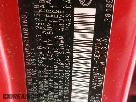 2025 Toyota Camry LE with VIN 4T1DAACK0SU004347, listed as a Copart auction lot 85845305 with Not provided miles and Non repairable. Bid and sale history available at DreamBid. Image 13.