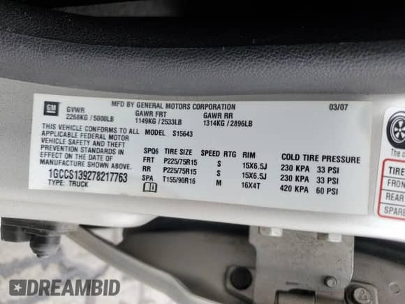 2007 Chevrolet Colorado 1LT с VIN 1GCCS139278217763, выставлен на аукционе Copart как лот 62725955 с пробегом 169 408 миль миль и Чистый • Clean title. История ставок и продаж доступна на DreamBid. Изображение 13.