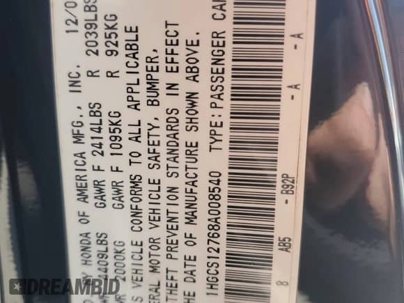 2008 Honda Accord EX с VIN 1HGCS12768A008540, выставлен на аукционе Copart как лот 70194485 с пробегом 203 655 миль миль и Списание • Salvage title. История ставок и продаж доступна на DreamBid. Изображение 13.