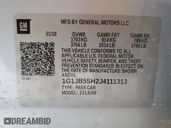 2018 Chevrolet Sonic LS with VIN 1G1JB5SH2J4111313, listed as a Copart auction lot 67489085 with 79,731 mi miles and Clean title. Bid and sale history available at DreamBid. Image 12.