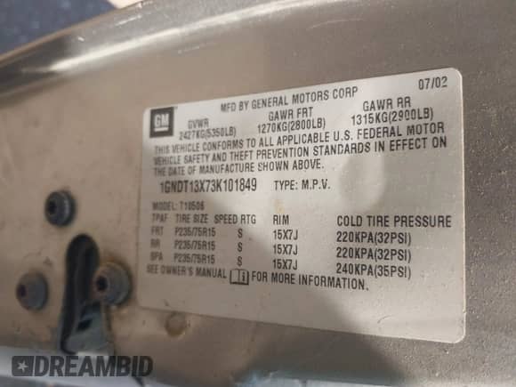 2003 Chevrolet Blazer LS with VIN 1GNDT13X73K101849, listed as a IAAI auction lot 42833790 with 231,538 mi miles and . Bid and sale history available at DreamBid. Image 9.