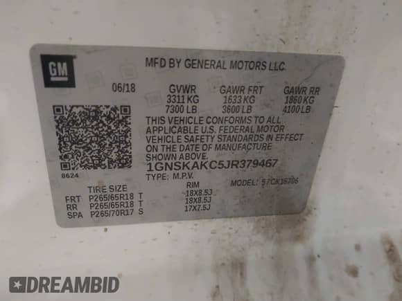 2018 Chevrolet Tahoe LS with VIN 1GNSKAKC5JR379467, listed as a IAAI auction lot 41513072 with 112,184 mi miles and . Bid and sale history available at DreamBid. Image 9.