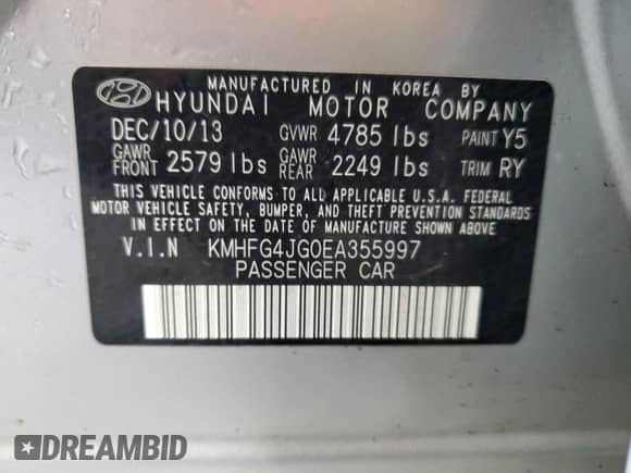 2014 Hyundai Azera с VIN KMHFG4JG0EA355997, выставлен на аукционе Copart как лот 59851335 с пробегом Не указан миль и Списание • Salvage title. История ставок и продаж доступна на DreamBid. Изображение 13.