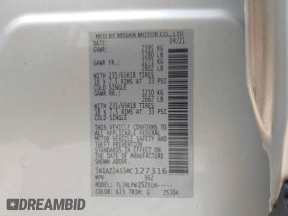 2021 Nissan Murano S with VIN 5N1AZ2AS5MC127316, listed as a IAAI auction lot 42845026 with 40,124 mi miles and . Bid and sale history available at DreamBid. Image 9.