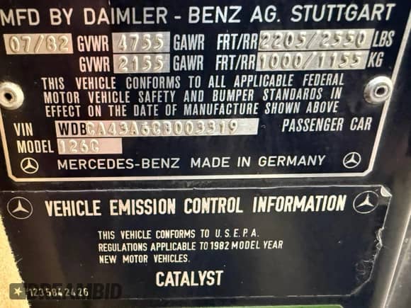 1982 Mercedes-Benz 380 с VIN WDBCA43A6CB003319, выставлен на аукционе Copart как лот 42868185 с пробегом 56 675 миль миль и Чистый • Clean title. История ставок и продаж доступна на DreamBid. Изображение 10.