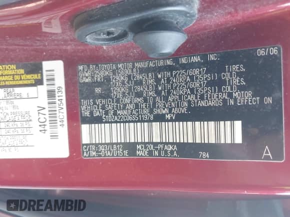 2006 Toyota Sienna XLE z VIN 5TDZA22C06S511978, wystawiony jako IAAI lot #41551414 z przebiegiem 228 839 mil mil oraz . Historia ofert i sprzedaży dostępna na DreamBid. Obrazek 9.