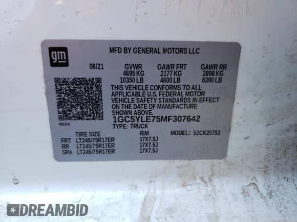 2021 Chevrolet Silverado 2500HD Work Truck with VIN 1GC5YLE75MF307642, listed as a Copart auction lot 80955013 with 80,982 mi miles and Salvage title. Bid and sale history available at DreamBid. Image 13.