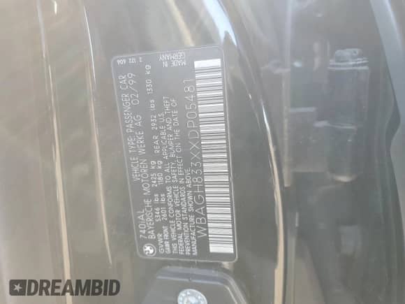 1999 BMW 7 Series 740iL with VIN WBAGH833XXDP05481, listed as a Copart auction lot 85510534 with 159,680 mi miles and Salvage title. Bid and sale history available at DreamBid. Image 14.