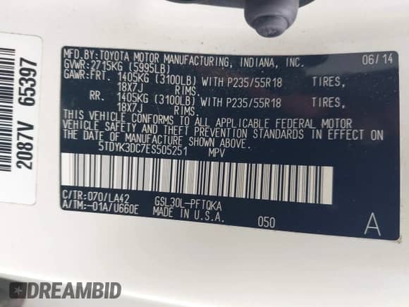 2014 Toyota Sienna XLE с VIN 5TDYK3DC7ES505251, выставлен на аукционе IAAI как лот 42886133 с пробегом 173 427 миль миль и . История ставок и продаж доступна на DreamBid. Изображение 9.