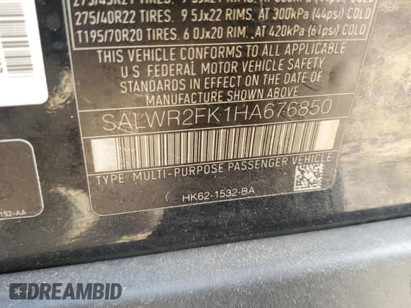 2017 Land Rover Range Rover Sport HSE with VIN SALWR2FK1HA676850, listed as a Copart auction lot 85101925 with 122,383 mi miles and Salvage title. Bid and sale history available at DreamBid. Image 14.