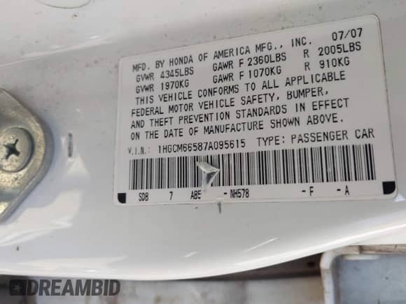 2007 Honda Accord EX-L with VIN 1HGCM66587A095615, listed as a IAAI auction lot 43067233 with 187,222 mi miles and . Bid and sale history available at DreamBid. Image 9.
