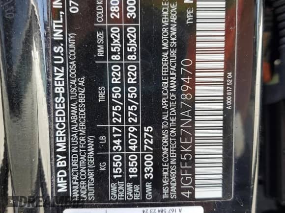 2022 Mercedes-Benz GLS 450 with VIN 4JGFF5KE7NA789470, listed as a Copart auction lot 69076875 with 39,081 mi miles and Salvage title. Bid and sale history available at DreamBid. Image 13.