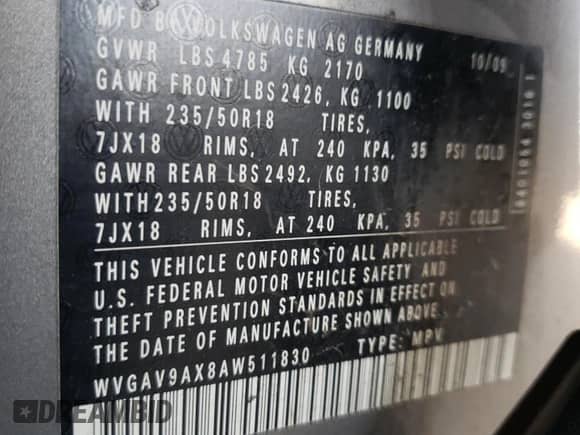 2010 Volkswagen Tiguan с VIN WVGAV9AX8AW511830, выставлен на аукционе Copart как лот 57359675 с пробегом 147 672 миль миль и Чистый • Clean title. История ставок и продаж доступна на DreamBid. Изображение 12.