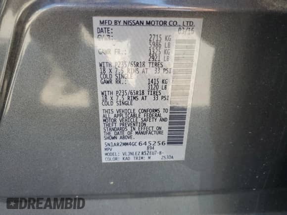 2016 Nissan Pathfinder SV z VIN 5N1AR2MM4GC645256, wystawiony jako Copart lot #70996475 z przebiegiem 165 614 mil mil oraz Szkoda całkowita • Salvage title. Historia ofert i sprzedaży dostępna na DreamBid. Obrazek 13.