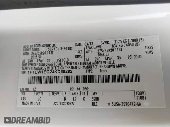 2018 Ford F-150 XL z VIN 1FTEW1EG2JKD68282, wystawiony jako IAAI lot #42808486 z przebiegiem 98 188 mil mil oraz . Historia ofert i sprzedaży dostępna na DreamBid. Obrazek 9.