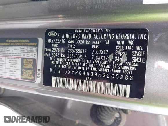 2017 Kia Sorento LX with VIN 5XYPG4A39HG205283, listed as a IAAI auction lot 42973796 with 114,550 mi miles and . Bid and sale history available at DreamBid. Image 9.