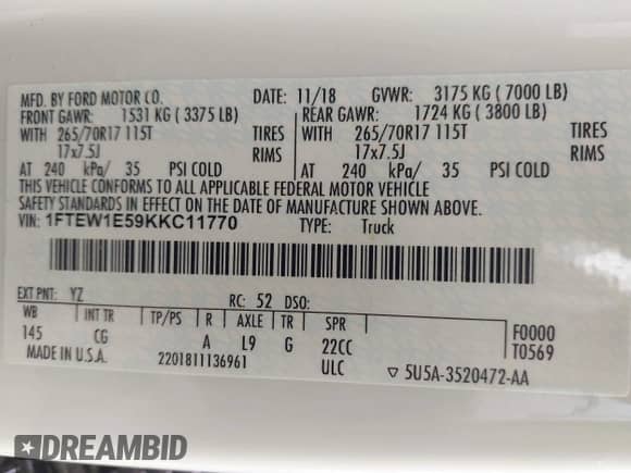 2019 Ford F-150 XL with VIN 1FTEW1E59KKC11770, listed as a IAAI auction lot 42711415 with 130,371 mi miles and . Bid and sale history available at DreamBid. Image 9.
