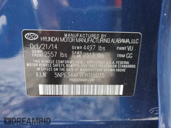 2015 Hyundai Sonata Limited with VIN 5NPE34AF7FH115035, listed as a Copart auction lot 80206025 with 52,210 mi miles and Salvage title. Bid and sale history available at DreamBid. Image 12.