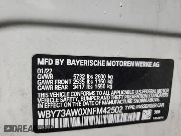2022 BMW i4 eDrive40 с VIN WBY73AW0XNFM42502, выставлен на аукционе Copart как лот 57509235 с пробегом 25 001 миль миль и Списание • Salvage title. История ставок и продаж доступна на DreamBid. Изображение 13.