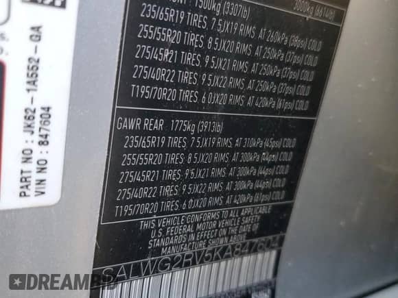 2019 Land Rover Range Rover Sport SE with VIN SALWG2RV5KA847604, listed as a Copart auction lot 80939044 with 90,461 mi miles and Clean title. Bid and sale history available at DreamBid. Image 13.