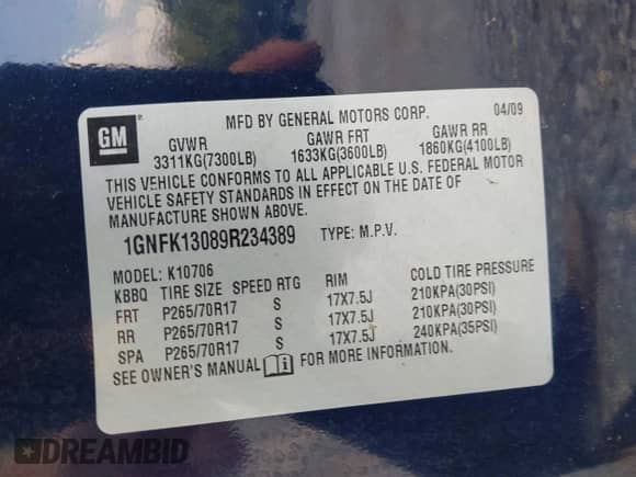 2009 Chevrolet Tahoe Commercial z VIN 1GNFK13089R234389, wystawiony jako IAAI lot #42592890 z przebiegiem 180 000 mil mil oraz . Historia ofert i sprzedaży dostępna na DreamBid. Obrazek 9.