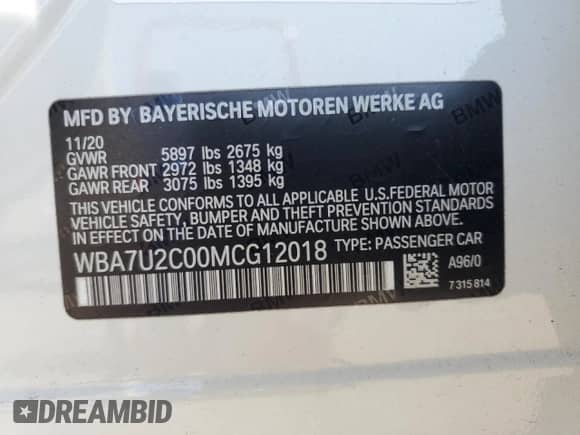 2021 BMW 7 Series 750i xDrive with VIN WBA7U2C00MCG12018, listed as a Copart auction lot 66362905 with 76,277 mi miles and Salvage title. Bid and sale history available at DreamBid. Image 12.