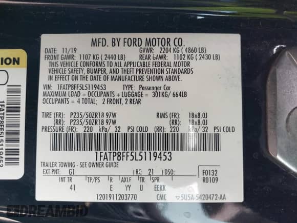 2020 Ford Mustang GT Premium с VIN 1FATP8FF5L5119453, выставлен на аукционе IAAI как лот 42022468 с пробегом 85 522 миль миль и . История ставок и продаж доступна на DreamBid. Изображение 9.