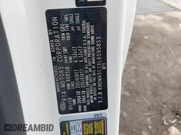 2020 Kia Sedona L with VIN KNDMA5C19L6595853, listed as a Copart auction lot 67837205 with 39,437 mi miles and Salvage title. Bid and sale history available at DreamBid. Image 13.