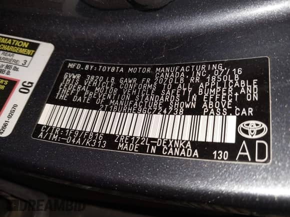 2016 Toyota Corolla L with VIN 2T1BURHE9GC724738, listed as a IAAI auction lot 43325948 with 128,895 mi miles and . Bid and sale history available at DreamBid. Image 9.