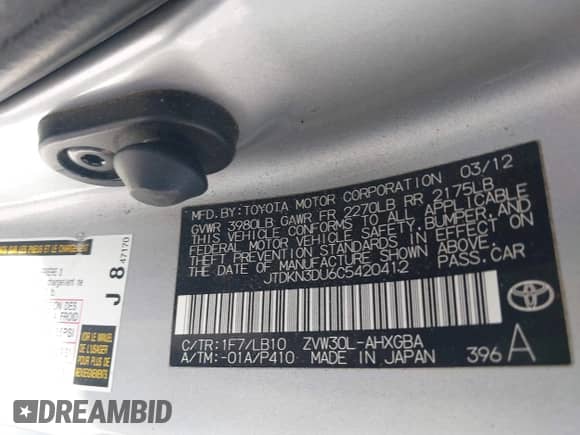 2012 Toyota Prius One с VIN JTDKN3DU6C5420412, выставлен на аукционе IAAI как лот 41655584 с пробегом 161 388 миль миль и . История ставок и продаж доступна на DreamBid. Изображение 9.