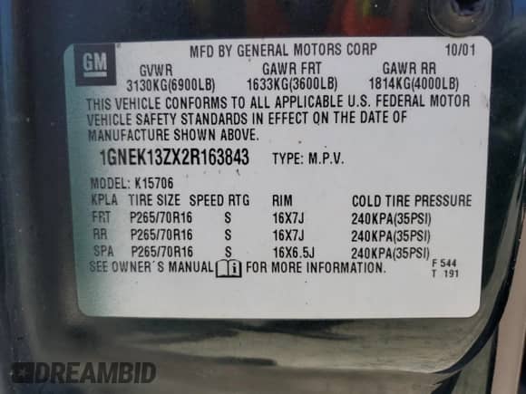 2002 Chevrolet Tahoe Z71 with VIN 1GNEK13ZX2R163843, listed as a Copart auction lot 62581055 with 378,584 mi miles and Clean title. Bid and sale history available at DreamBid. Image 13.