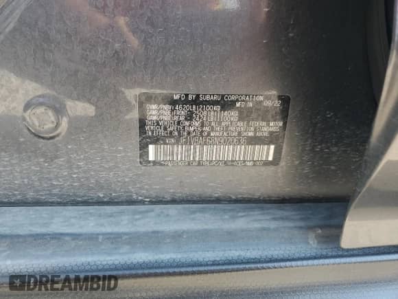 2022 Subaru WRX Premium with VIN JF1VBAF68N9020636, listed as a Copart auction lot 67763775 with 25,357 mi miles and Salvage title. Bid and sale history available at DreamBid. Image 13.