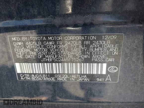 2010 Lexus IS 250 z VIN JTHBF5C24A5115267, wystawiony jako IAAI lot #43038512 z przebiegiem 146 551 mil mil oraz . Historia ofert i sprzedaży dostępna na DreamBid. Obrazek 9.