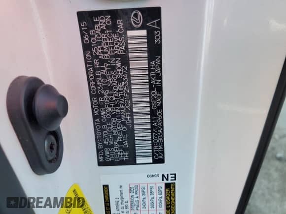 2015 Lexus IS 250 C with VIN JTHFF2C21F2533472, listed as a Copart auction lot 77987354 with Not provided miles and Salvage title. Bid and sale history available at DreamBid. Image 15.