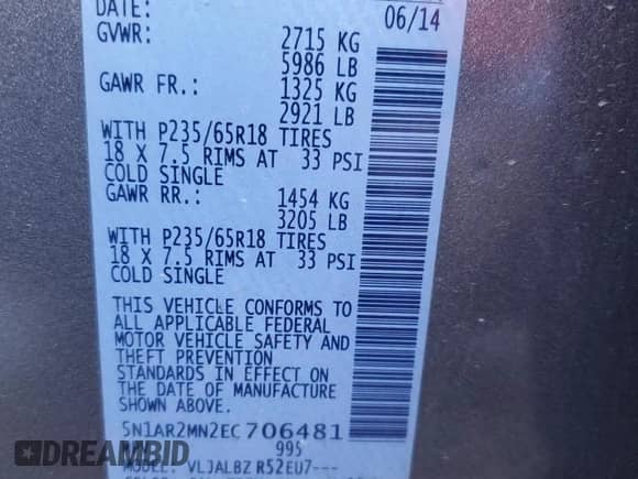 2014 Nissan Pathfinder S with VIN 5N1AR2MN2EC706481, listed as a Copart auction lot 85419195 with 118,860 mi miles and Clean title. Bid and sale history available at DreamBid. Image 13.