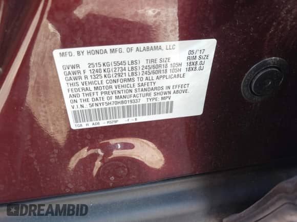 2017 Honda Pilot EX-L z VIN 5FNYF5H70HB019337, wystawiony jako IAAI lot #40809133 z przebiegiem 98 102 mil mil oraz . Historia ofert i sprzedaży dostępna na DreamBid. Obrazek 9.