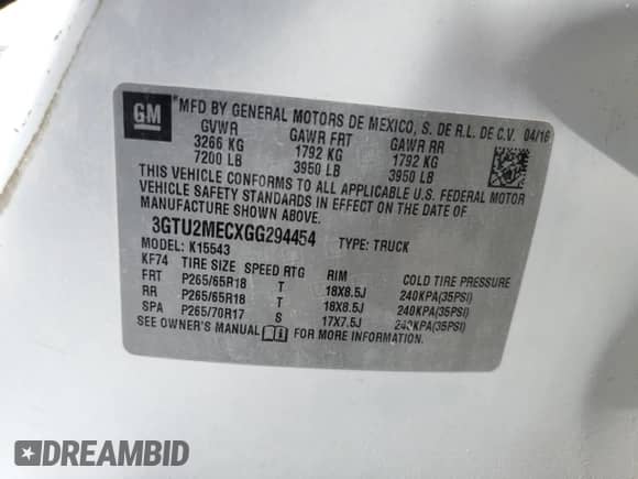 2016 GMC Sierra 1500 SLE with VIN 3GTU2MECXGG294454, listed as a Copart auction lot 62960715 with Not provided miles and Salvage title. Bid and sale history available at DreamBid. Image 12.