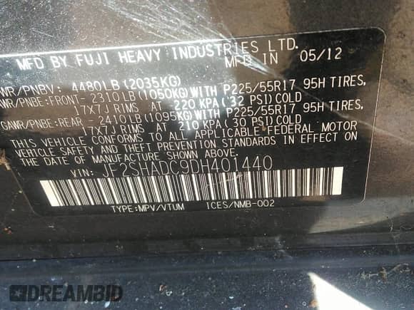 2013 Subaru Forester X Premium z VIN JF2SHADC9DH401440, wystawiony jako IAAI lot #43381836 z przebiegiem 178 590 mil mil oraz . Historia ofert i sprzedaży dostępna na DreamBid. Obrazek 9.