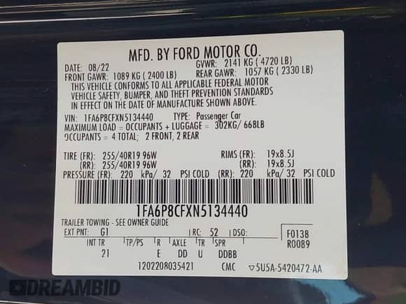2022 Ford Mustang GT with VIN 1FA6P8CFXN5134440, listed as a IAAI auction lot 43142660 with 44,087 mi miles and . Bid and sale history available at DreamBid. Image 9.
