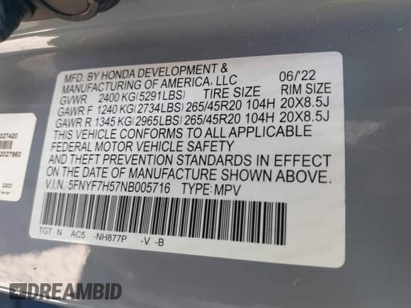 2022 Honda Passport EX-L с VIN 5FNYF7H57NB005716, выставлен на аукционе IAAI как лот 41078499 с пробегом 33 141 миль миль и . История ставок и продаж доступна на DreamBid. Изображение 9.