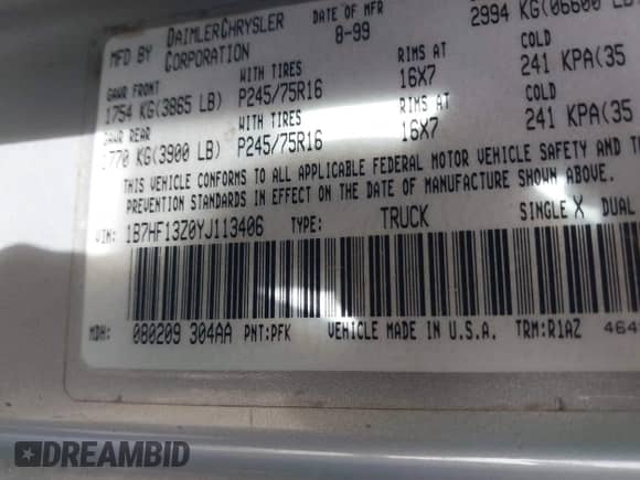 2000 Dodge 1500 с VIN 1B7HF13Z0YJ113406, выставлен на аукционе IAAI как лот 43446230 с пробегом 228 693 миль миль и . История ставок и продаж доступна на DreamBid. Изображение 9.