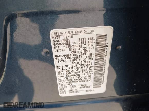 2011 Nissan Murano SL with VIN JN8AZ1MU0BW055680, listed as a IAAI auction lot 42881131 with 210,937 mi miles and . Bid and sale history available at DreamBid. Image 9.