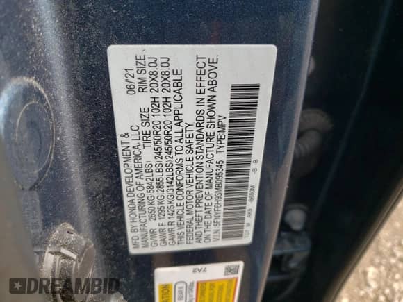 2021 Honda Pilot Touring 8-Passenger с VIN 5FNYF6H93MB095345, выставлен на аукционе Copart как лот 69195095 с пробегом 70 955 миль миль и Списание • Salvage title. История ставок и продаж доступна на DreamBid. Изображение 13.