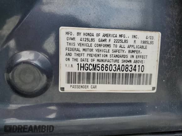 2003 Honda Accord EX with VIN 1HGCM56603A083410, listed as a Copart auction lot 81731195 with 98,939 mi miles and Salvage title. Bid and sale history available at DreamBid. Image 13.