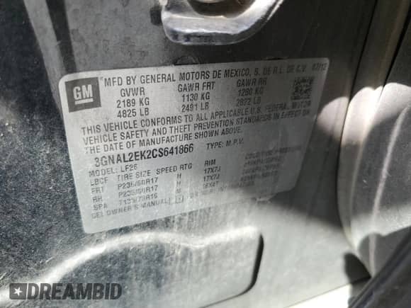 2012 Chevrolet Captiva Sport LS с VIN 3GNAL2EK2CS641866, выставлен на аукционе Copart как лот 75964144 с пробегом 140 149 миль миль и Списание • Salvage title. История ставок и продаж доступна на DreamBid. Изображение 13.